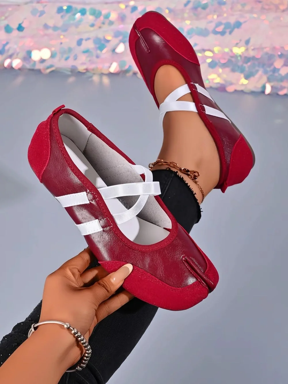 Red Split-Toe Tabi Ballet Flats with Elastic Cross Straps